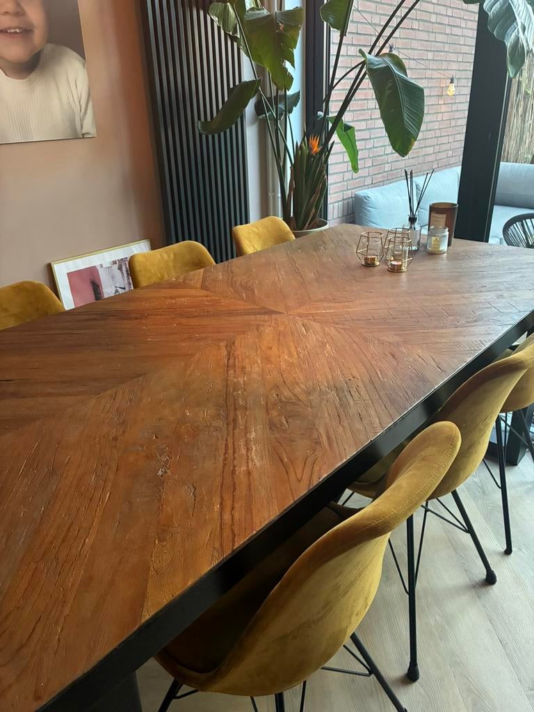 Houten eettafel 200cm met 6 stoelen - hongaarse punt, Ophalen, Gebruikt, 50 tot 100 cm, Vijf personen of meer