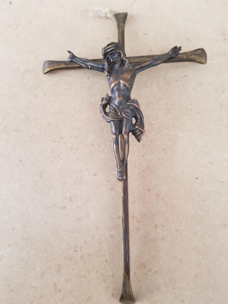 antieke sierlijke kruis met christus brons, Ophalen of Verzenden