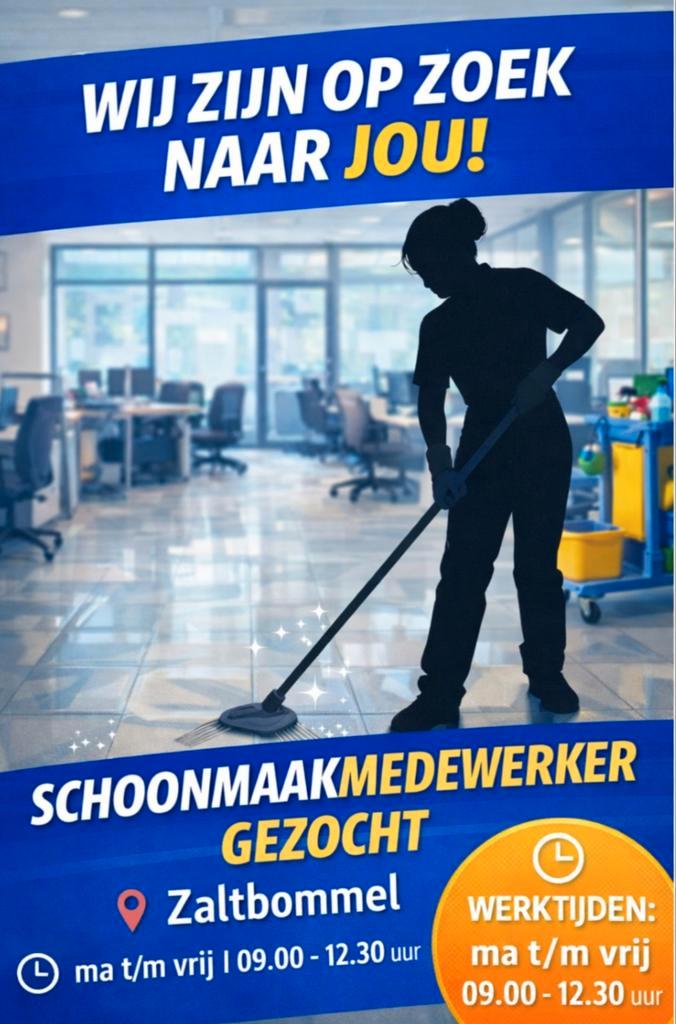 Schoonmaakmedewerk(st)er gezocht Zaltbommel (17 1/2 uur), Vacatures, Vacatures | Schoonmaak en Facilitaire diensten, Overige niveaus