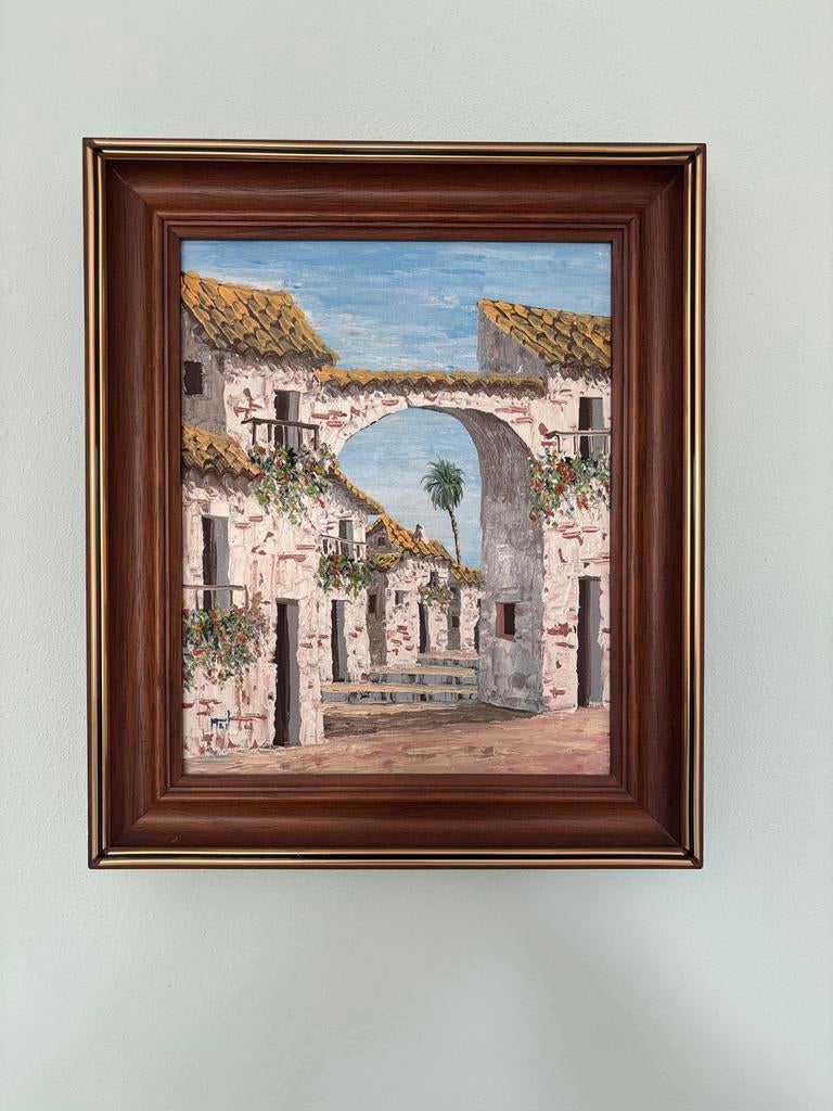 Handgeschilderd schilderij Mediterrane straat incl lijst, Antiek en Kunst, Ophalen