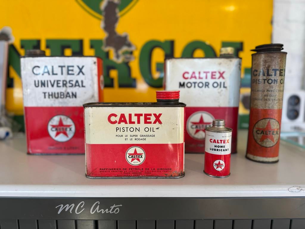 Vintage Caltex Olieblikken - Decoratie Set, Verzamelen, Ophalen of Verzenden, Gebruikt, Auto's