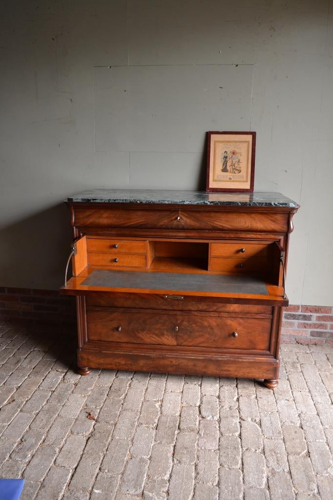 Prachtige antieke mahonie ladekast met secretaire & marmer, Verzenden