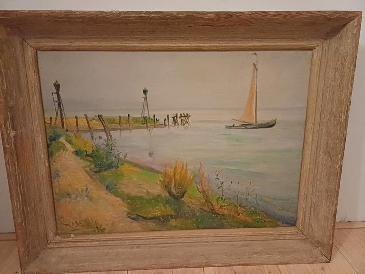 Schilderij zeilbootje bij pier, Antiek en Kunst, Kunst | Schilderijen | Klassiek, Ophalen of Verzenden