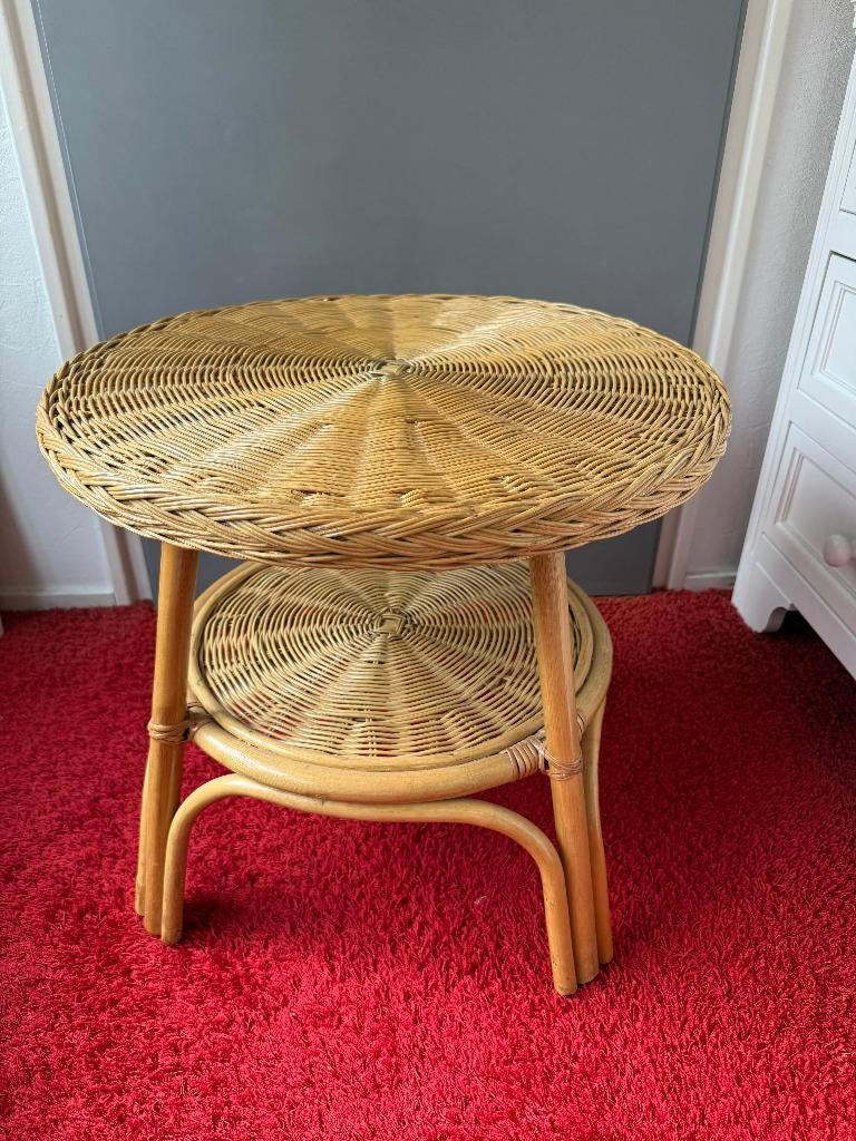 Vintage rotan rieten tafel bijzettafel terras, 45 tot 60 cm, Overige materialen, Rond, Nieuw