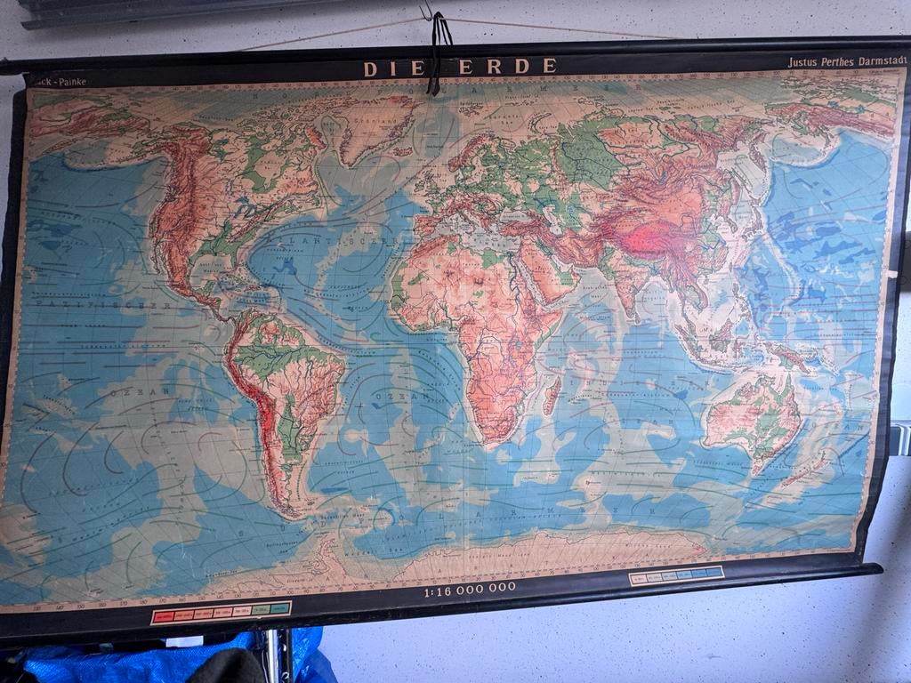 Grote Vintage Wereldkaart 'Die Erde' - Justus Perthes, Boeken, Atlassen en Landkaarten, Ophalen, 1800 tot 2000, Wereld, Landkaart