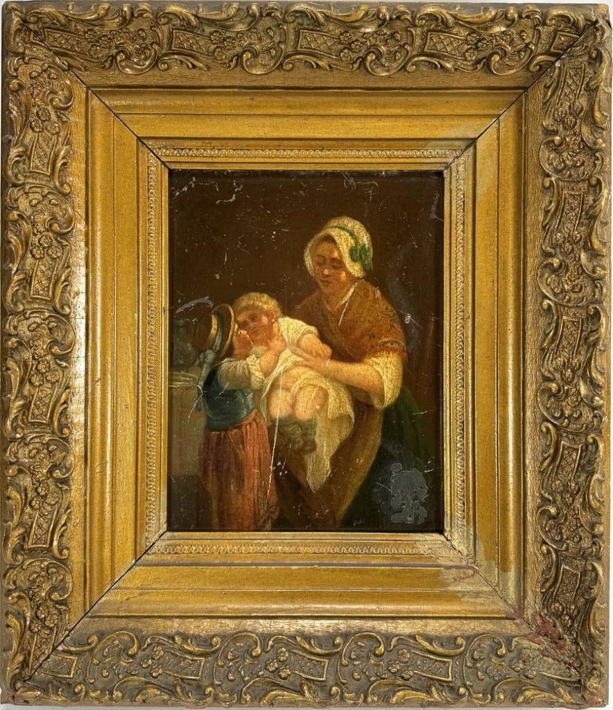 1153. Olieverfschilderij - genretafereel, 19e eeuw, Ophalen of Verzenden