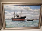 Gesigneerd schilderij groot schip met sleep boot, Verzamelen, Scheepvaart, Ophalen