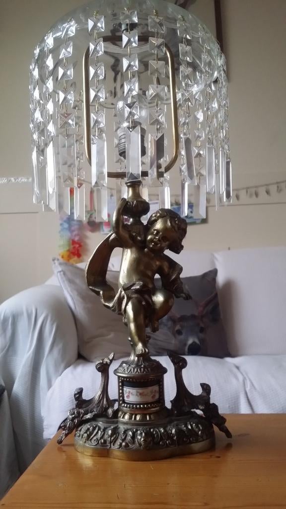 Bronzen kristallen cupido engelen tafellamp in goede staat, Antiek en Kunst, Ophalen of Verzenden