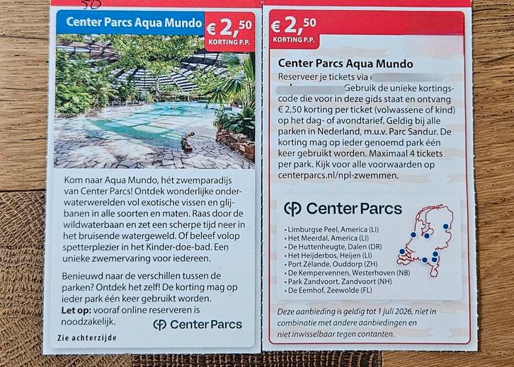 Center Parcs Aqua Mundo € 2,50 korting pp., Tickets en Kaartjes, Kortingen en Cadeaubonnen