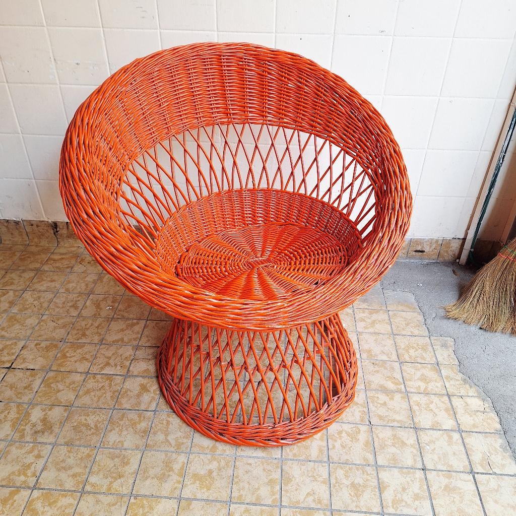 Jaren 60 / Jaren 70 Oranje Rotan Stoel / Fauteuil, Ophalen, Gebruikt, -, Minder dan 75 cm