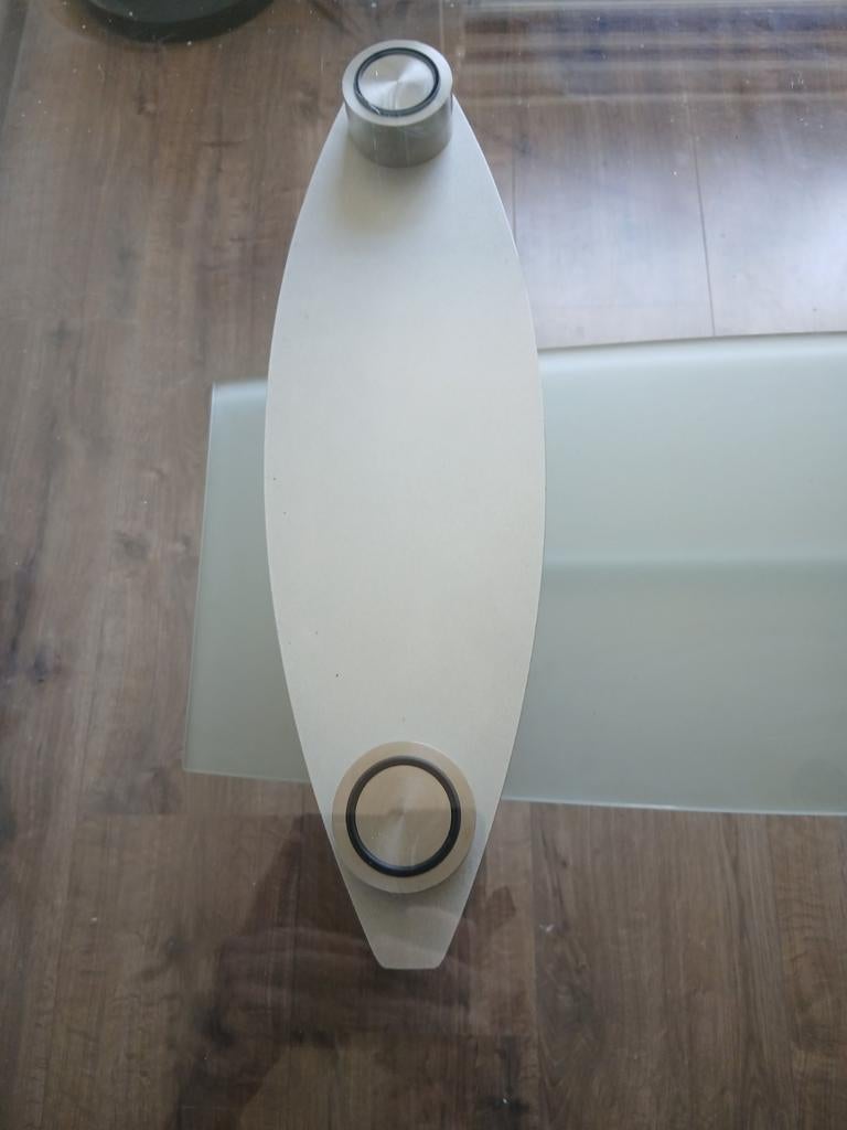 Design glazen eettafel met stalen, zilverkleurig, onderstel, Ophalen, Gebruikt, 200 cm of meer, 50 tot 100 cm