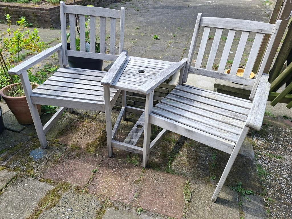 Wit gebeitst tuinbankje met tafeltje, Tuin en Terras, Tuinbanken, Ophalen