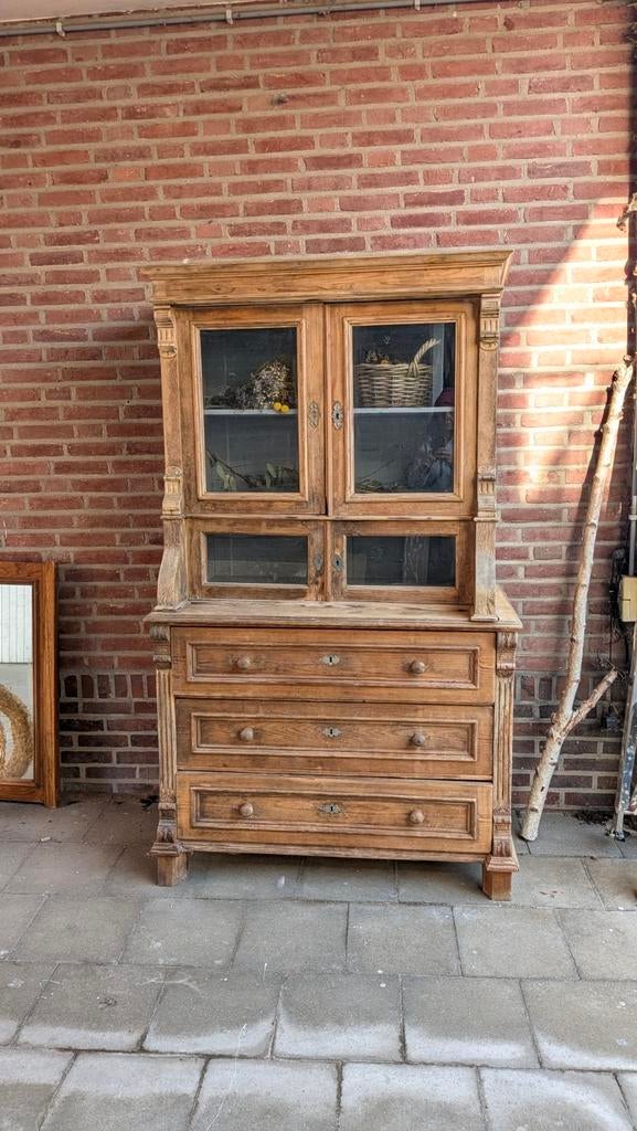 Antieke houten keukenkast met glazen deuren, Ophalen of Verzenden