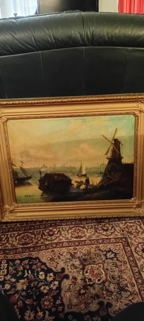 Oud Hollands Landschap Schilderij met Molen en Boten, Ophalen