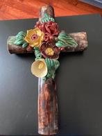 groot Vintage keramiek KRUISBEELD met bloemen, Ophalen of Verzenden