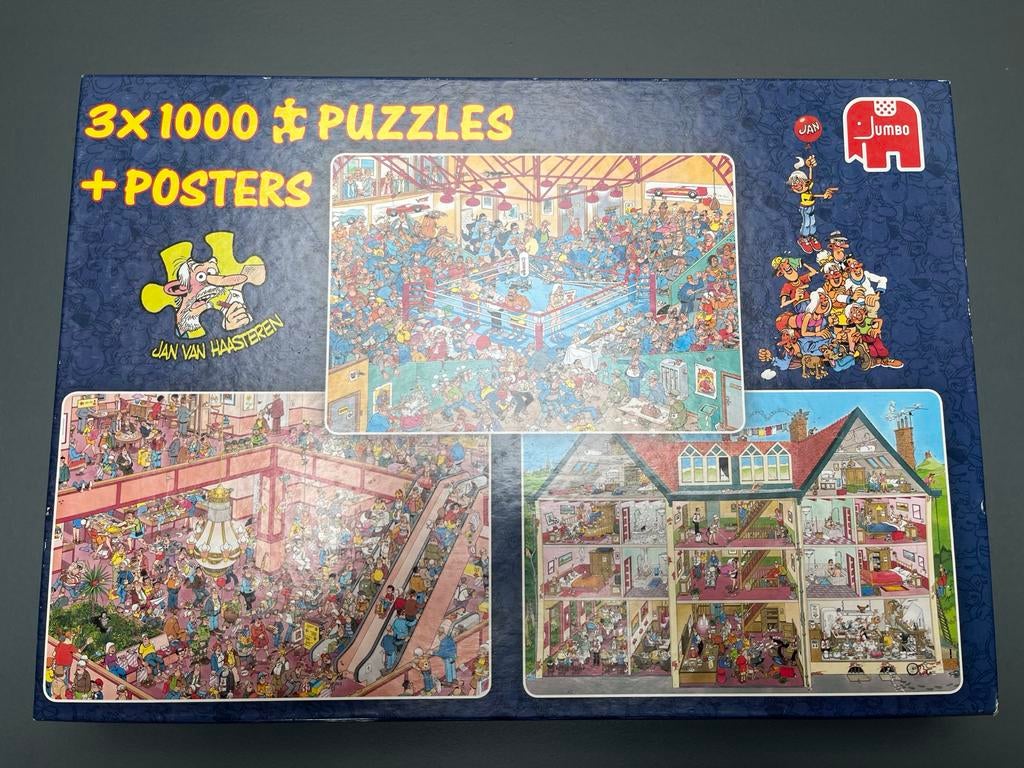 Jan van Haasteren 3x1000 Puzzels + Posters, Hobby en Vrije tijd, Denksport en Puzzels, Gebruikt, Legpuzzel, Meer dan 1500 stukjes
