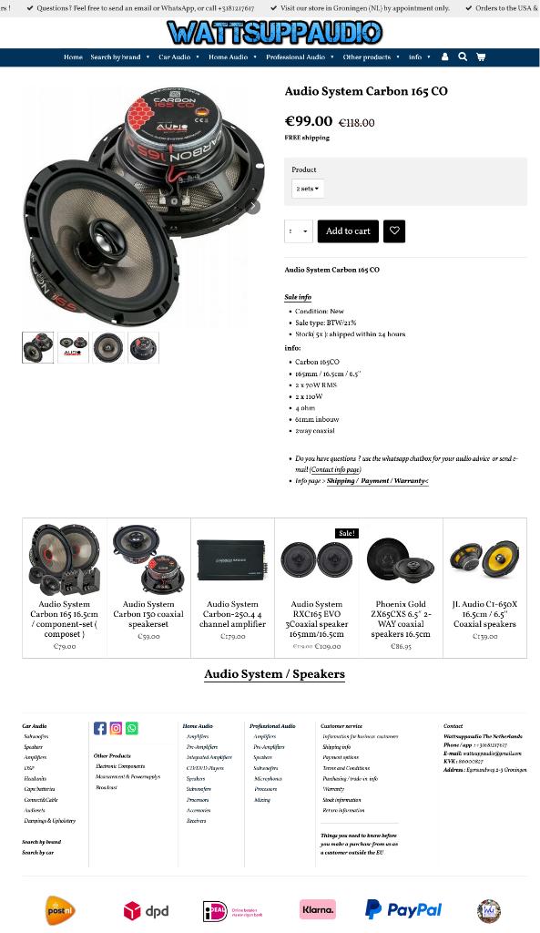 Audio System Carbon 165 CO Coaxial speakers 16.5cm / 6.5'', Info@optimount.nl, Nieuw, Ophalen of Verzenden, Anholtseweg 48A 7091 HB DINXPERLO