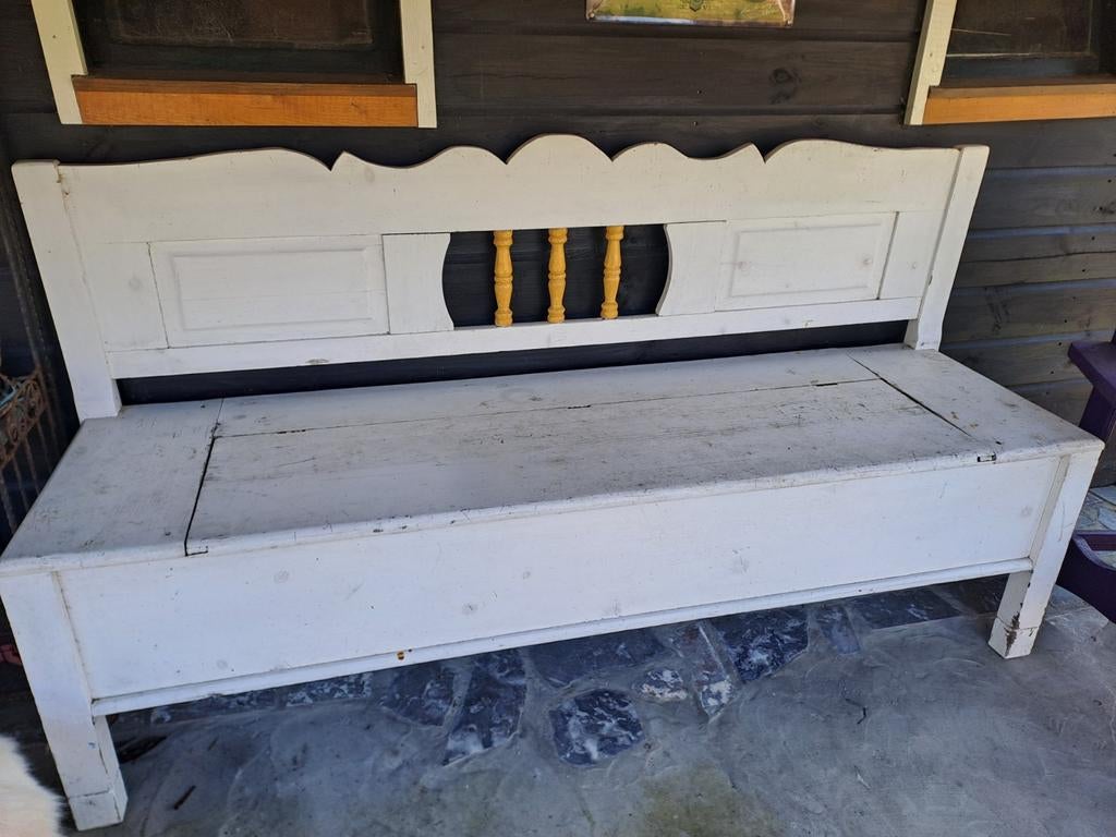 Brocante houten klepbank met opbergruimte, Antiek en Kunst, Curiosa en Brocante, Ophalen