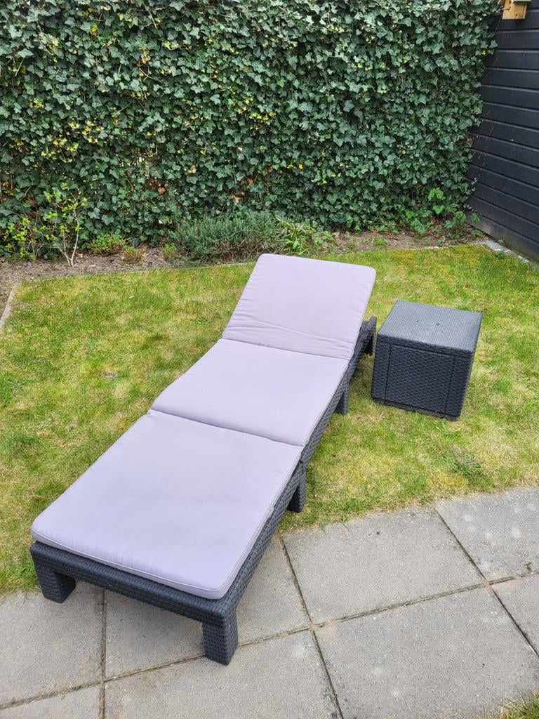 Ligbed met kussen en bijzettafel, Tuin en Terras, Ligbedden, Ophalen, Gebruikt, Wicker, Verstelbaar