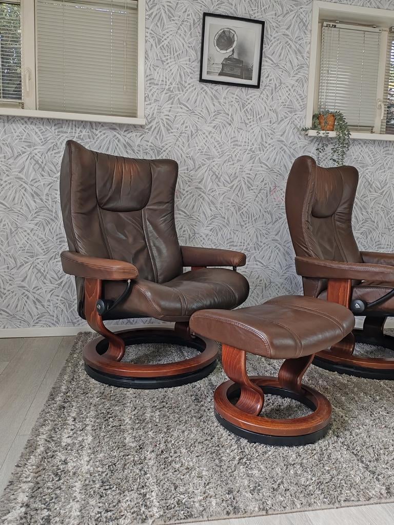 Stressless Wing large relax  fauteuil met hocker, Gebruikt, Minder dan 75 cm, Leer, Ophalen of Verzenden