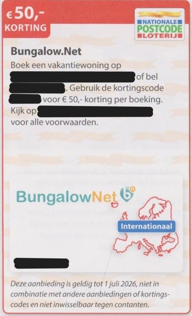 Bungalow € 50,- korting per boeking. Postcodeloterij bon., Tickets en Kaartjes, Kortingen en Cadeaubonnen, Drie personen of meer