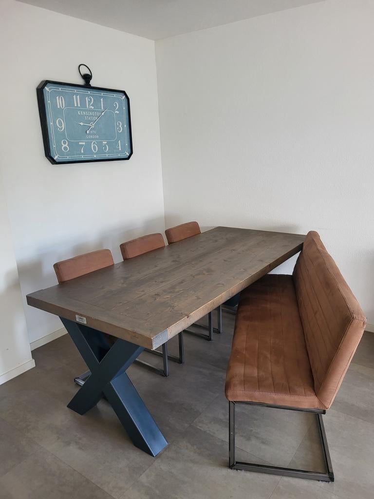 Massief vurenhout tafel 220x100cm incl. Bankje & stoelen, Ophalen, Gebruikt, 200 cm of meer, 50 tot 100 cm