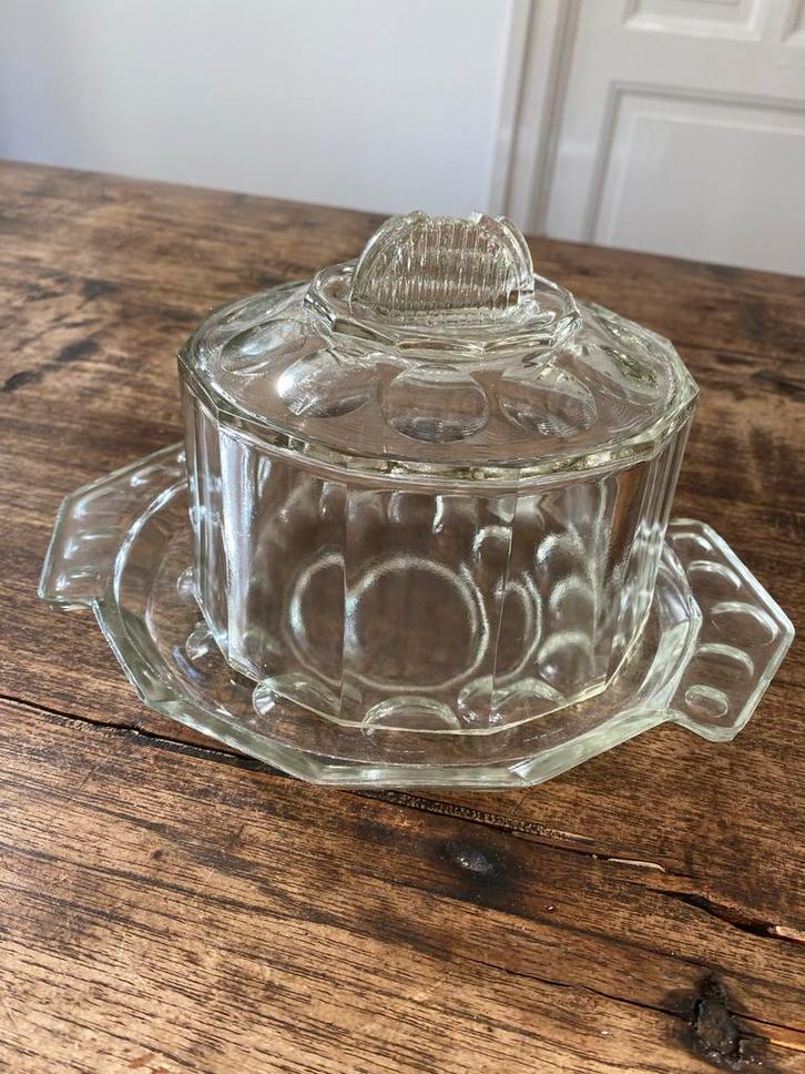 Antieke Art Deco Kaasstolp met Facetranden uit Frankrijk, Antiek en Kunst, Antiek | Glas en Kristal, Ophalen of Verzenden