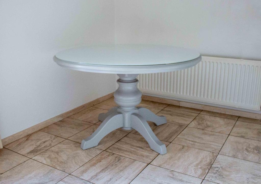 Ronde blauwe kolomtafel met glasplaat, Ophalen