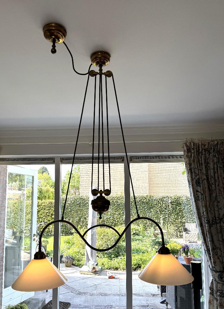 Eettafel hanglamp van messing, Huis en Inrichting, Lampen | Hanglampen, Ophalen, 50 tot 75 cm, Klassiek industrieel, Zo goed als nieuw