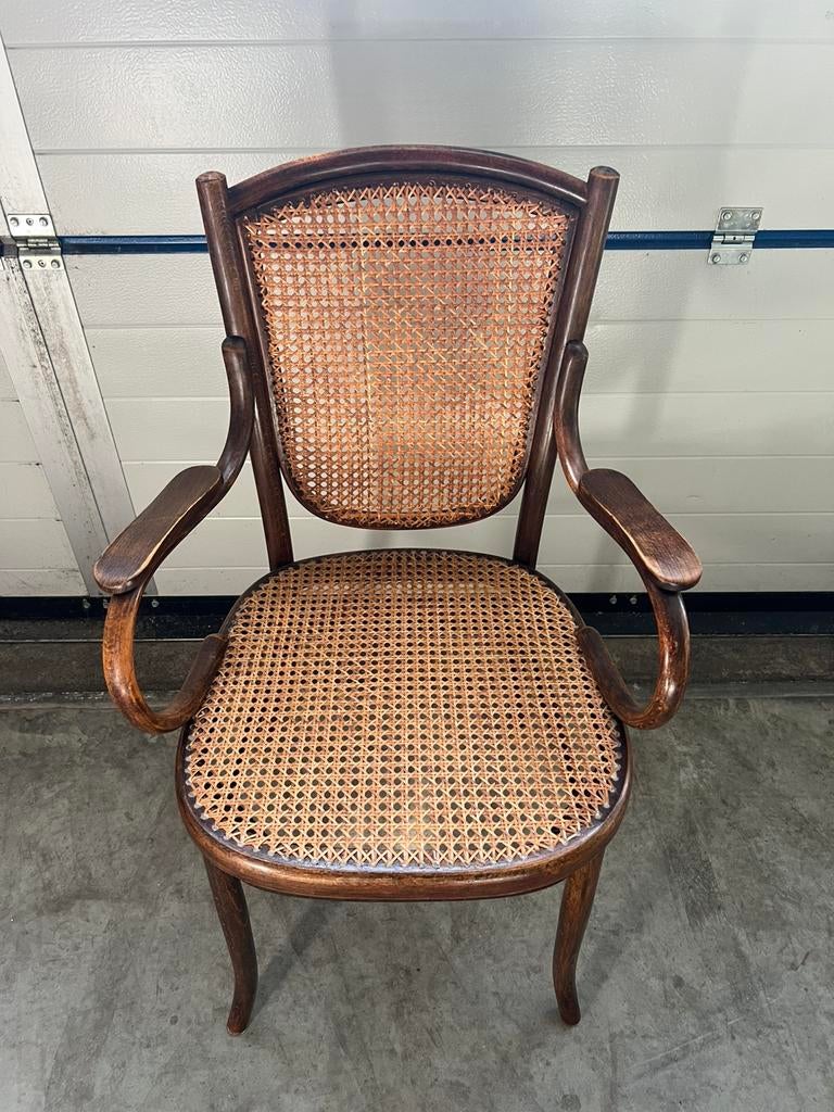 Mooie ZELDZAAM FISCHEL Thonet Armstoel WEBBING Zitting + Rug, Ophalen, Gebruikt, Bruin, Hout