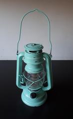 Stormlamp metaal mint groen op batt. H 23 cm, Ophalen of Verzenden