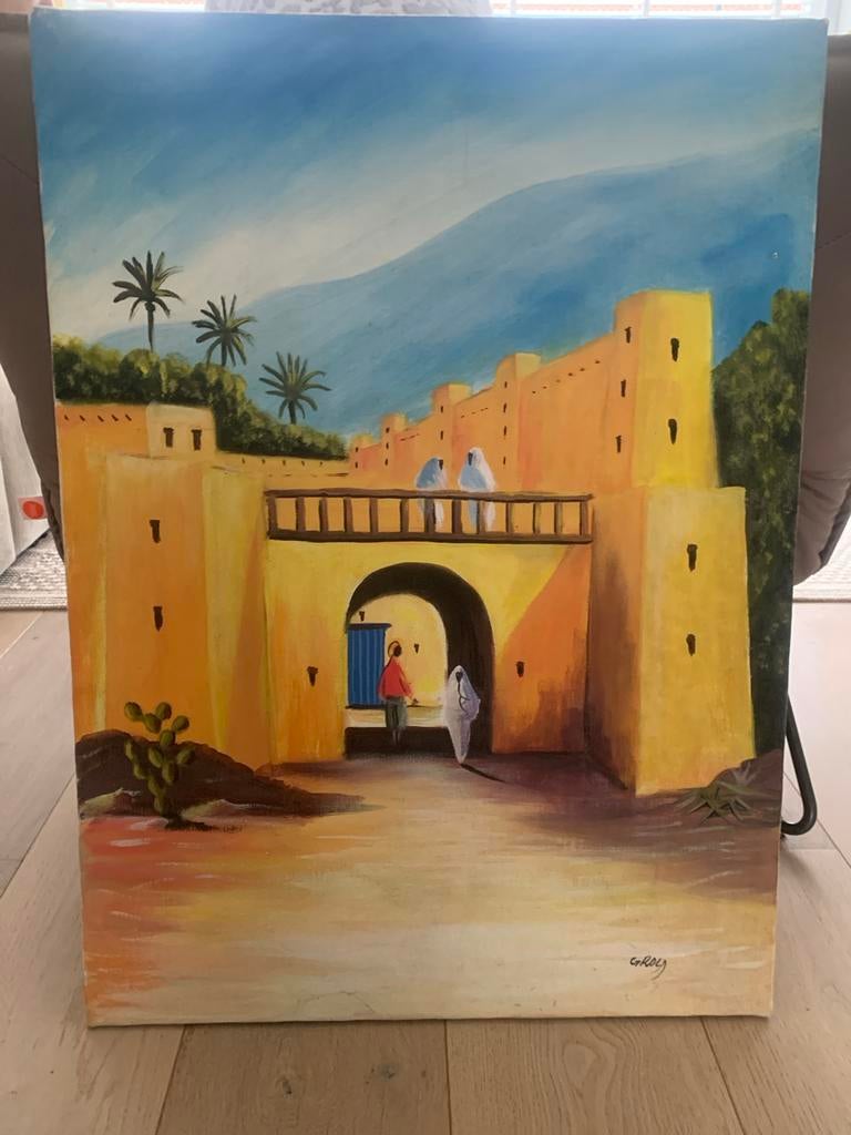 Schilderij: Oosterse poort met figuren en palmbomen, Ophalen of Verzenden