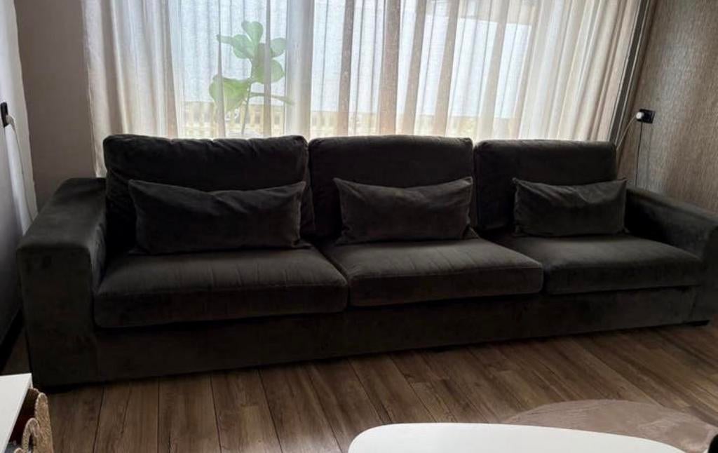 Prachtige donkergroene velvet bank met kussens, Huis en Inrichting, Ophalen, Gebruikt, 300 cm of meer, 75 tot 100 cm