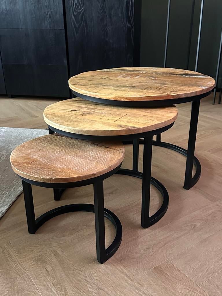 Set van 3 Salon / Bijzettafels - Mangohout & Metaal, Huis en Inrichting, Tafels | Bijzettafels, Ophalen, Minder dan 45 cm, Rond