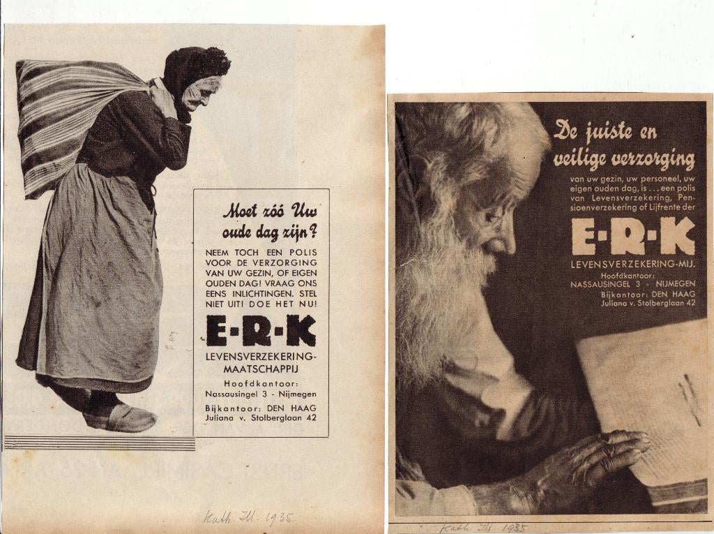 E.R.K. LEVENSVERZEKERING MIJ. - 2 ADVERTENTIES UIT 1934, Verzamelen, Tijdschriften, Kranten en Knipsels, Ophalen of Verzenden