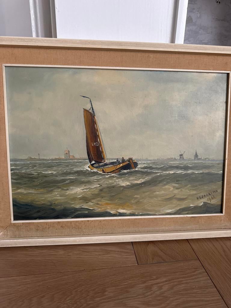 Olieverfschilderij van H.A. Jaarsma 1963 - Zeilschip LM20, Ophalen of Verzenden