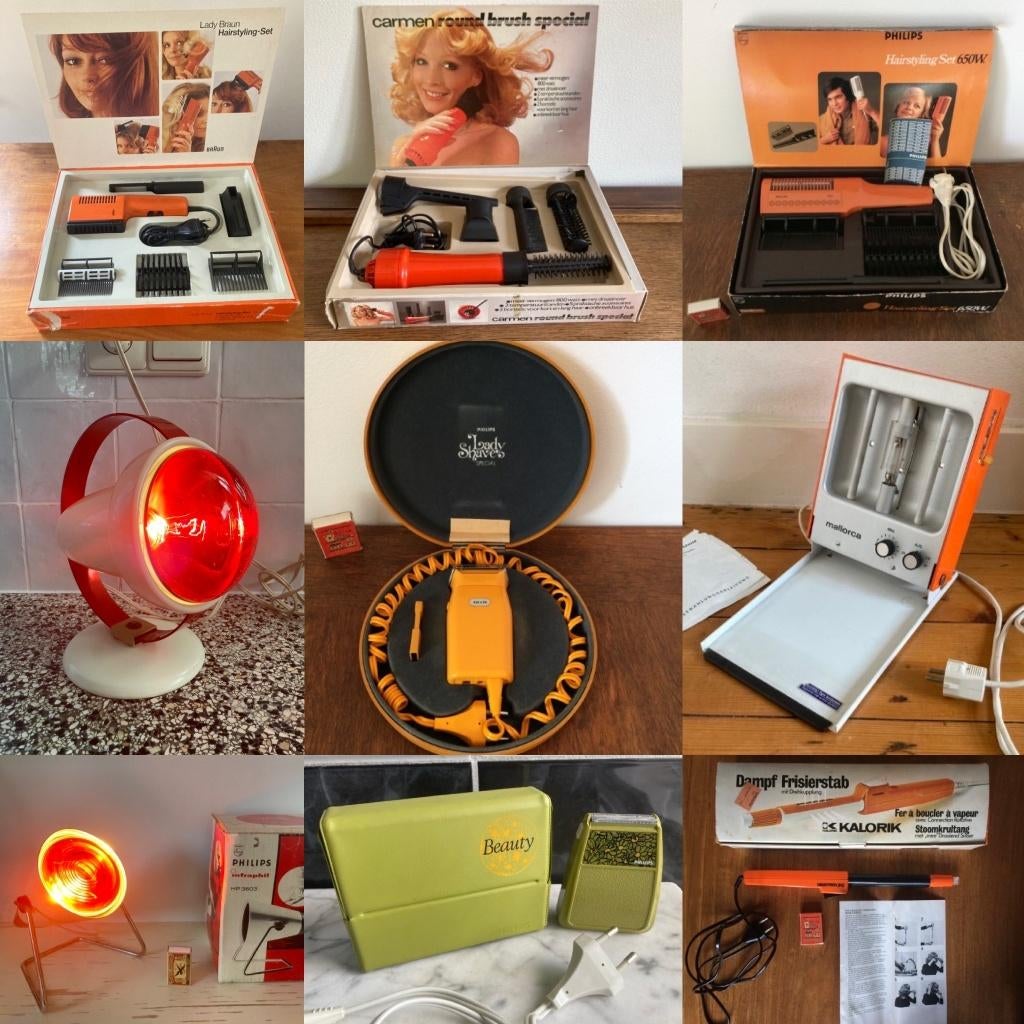 Veel seventies oranje groene föhns ladyshave krultang retro, Sieraden, Tassen en Uiterlijk, Uiterlijk | Haarverzorging, Ophalen of Verzenden