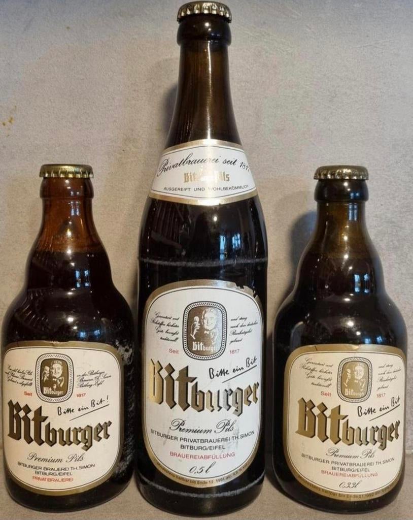 Set vintage Bitburger – 33cl & 50cl – jaren ’80/'90, Ophalen of Verzenden, Gebruikt, Flesje(s), Overige merken