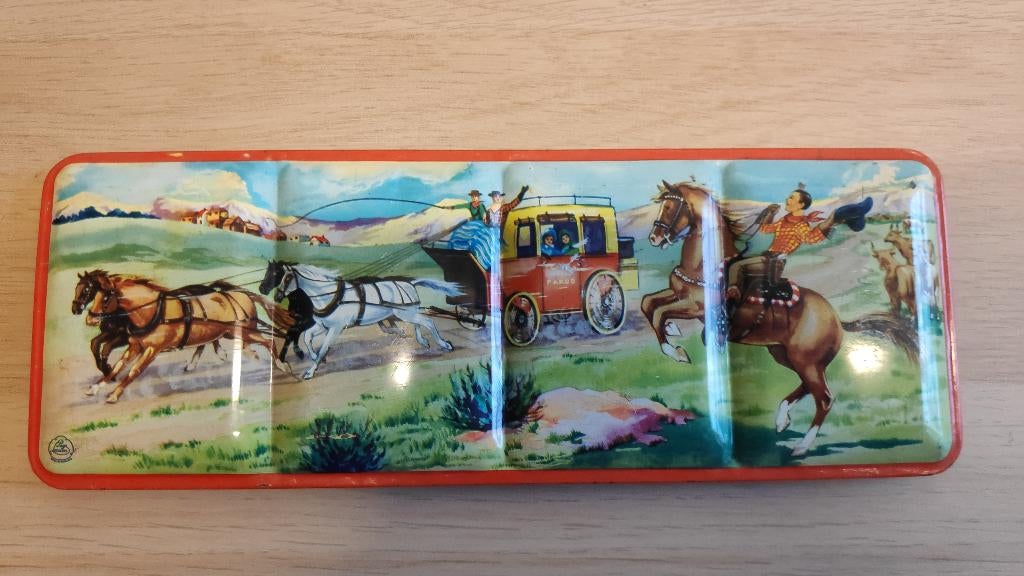 Oude vintage blikken verfdoos met indianen tafereel voorkant, Ophalen of Verzenden