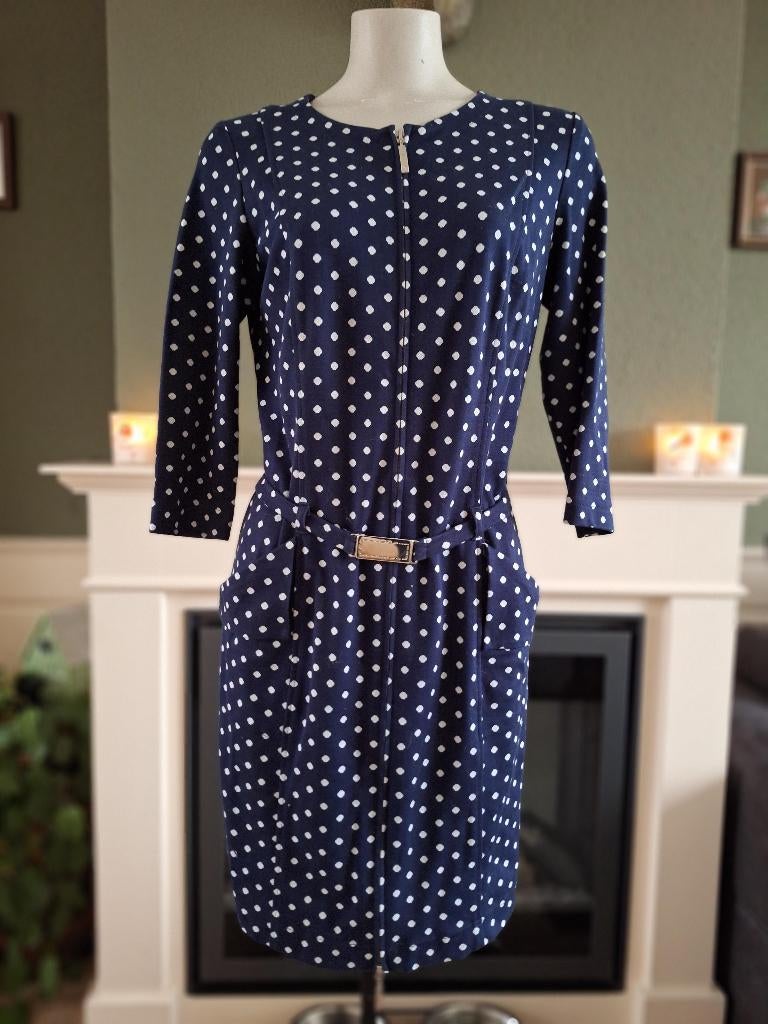 Caroline Biss blauw wit polkadot jurk riem 40, Maat 38/40 (M), Zo goed als nieuw, Knielengte, Caroline Biss