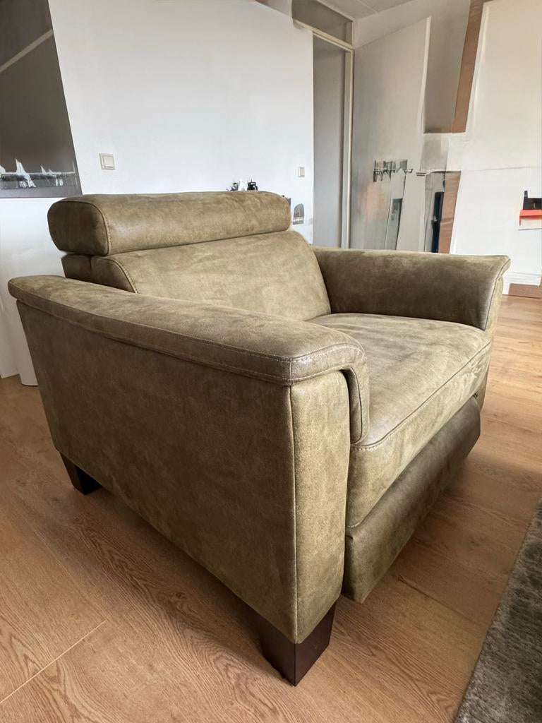 Groene elektrische haveco inhouse fauteuil olijfgroen leer, Ophalen of Verzenden, Zo goed als nieuw, Leer, 75 tot 100 cm