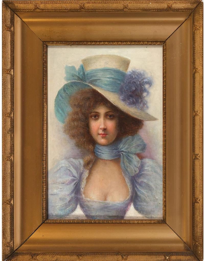 c a 1900 ==portret van een mondaine jonge vrouw met hoed==, Ophalen of Verzenden