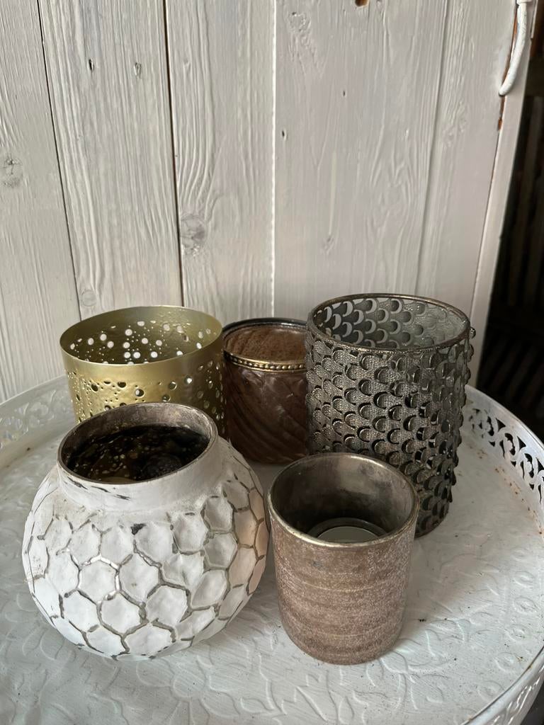 Decoratief dienblad met sfeervolle theelichthouders, Ophalen, Gebruikt, Rond, Metaal