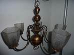 Gebronsd Koperen Kroonluchter met 5 gematteerde kelken ., Ophalen, Gebruikt, Glas