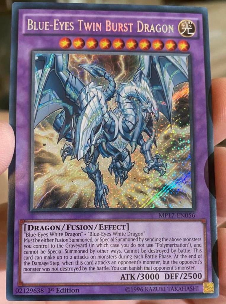 Yu-Gi-Oh! Blue-Eyes Twin Burst Dragon MP17 1st Secret Rare !, Ophalen of Verzenden, Zo goed als nieuw, Losse kaart, Foil