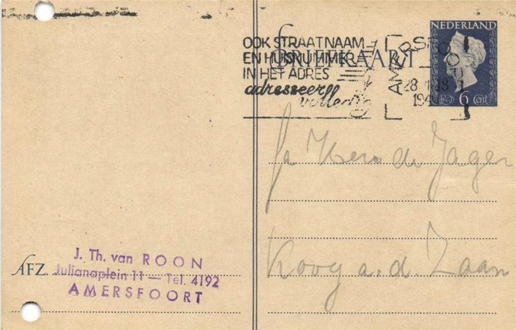 J.Th. van Roon, Amersfoort - 07.1949 - briefkaart, Postzegels en Munten, Brieven en Enveloppen | Nederland, Briefkaart, Ophalen of Verzenden
