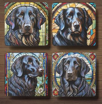 Flatcoated Retriever Glas in lood onderzetters met houder beschikbaar voor biedingen