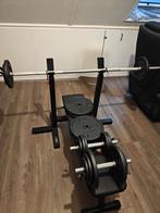 Bench press + halter 93kg gewichten, Sport en Fitness, Ophalen, Zo goed als nieuw, Buik, Fitnessbank