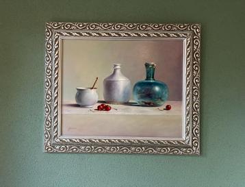 Schilderij oude glazen vaas en oud potje Hans Habraken. beschikbaar voor biedingen