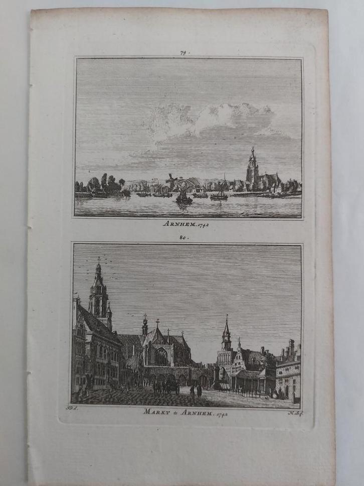 79-80 / De stad Arnhem + Markt te Arnhem gravure H. Spilman, Antiek en Kunst, Kunst | Etsen en Gravures, Ophalen of Verzenden